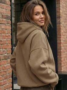 Minimalist Design Women Loose Fit Long Sleeve Pullover Sweatshirt, Suitable For Autumn, Winter, Spring, Casual Wear, Halloween Costume, Gray Sweatshirt, Fashion - Khaki - View 6