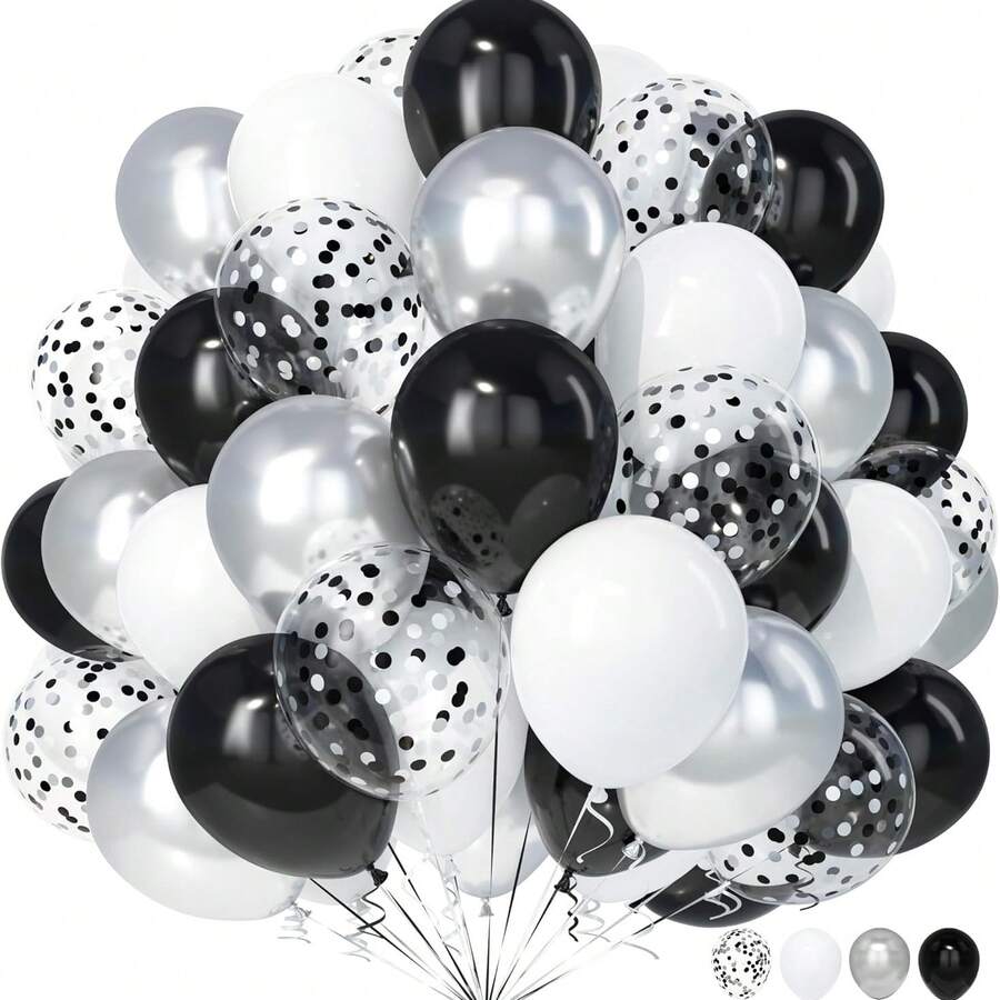 50pcs Black & White Confetti Balloons Set, 10''Silver & Metal Balloons, Emulsion Material, No Electricity Needed, Perfect For Birthday, Anniversary, Bar , Prom & General Celebrations - 18 YEARS - View 1
