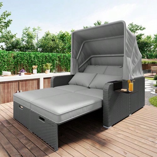 Poly Rattan Garden Furniture For 2 People, Garden Sofa, Lounge Sofa, Removable Canopy, Poly Rattan And Foam, Grey - C - View 1