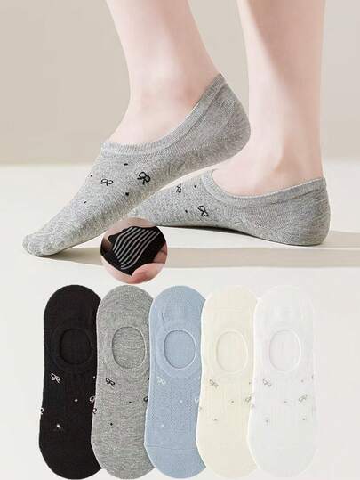 5 Pairs Assorted Bow Tie Shallow Mouth Mesh Invisible Socks, Non-Slip Silicone Heel Grip, Spring/Summer Short Socks For Women, Collegiate Style Minimalist Versatile Short Socks