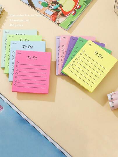 9pcs (450 Sheets) 9-Color Reusable Fluorescent Sticky Notes, Time Management Memo Pads For Back To School, Home, Office, Students Writing, Recording, Messaging