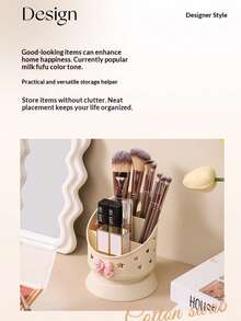 White Cream Makeup Brush Holder, Powder Brush, Lipstick, Desktop Cosmetic Storage Box, Comb, Eyebrow Pencil, Eyeshadow Brush Bucket - Multicolor - View 5