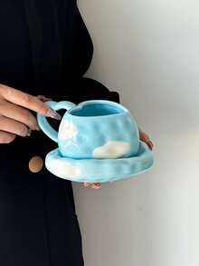 1 Set Heart & Cloud Ceramic Coffee Cup & Saucer Set, Korean Ins-Style Cute Ceramic Mug, Paired With Heart Cloud Plate, High-Quality Ceramic Tableware Set, Suitable For Milk, Coffee, Tea - Multicolor - View 14
