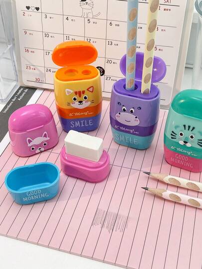1pc 4-Color Double-Headed Pencil Sharpener, Cute Animal Design With Eraser, Suitable As Valentine's Day Gift, Student Supplies, School Prizes, Teacher Classroom Items, Back To School Essentials, Children's Day Gift