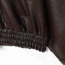 Chaqueta de cuero sintético holgada para mujer de otoño e invierno, chaqueta de motocicleta de moda de calle con bolsillos con cremallera - Café integral - Ver 11