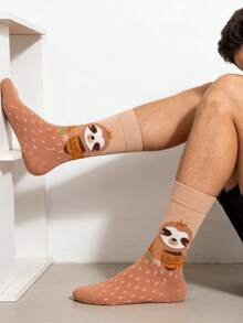 1 Pair Men's Light Brown Contrast Cartoon Sloth Pattern Mid-Calf Socks, Casual Socks For All Seasons - Multicolor - View 2