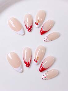 10片手工美甲贴纸，适用于短指甲、假指甲、法式美甲贴片、杏仁形美甲、裸色美甲、红白撞色美甲、可爱风格美甲、夏季美甲、3D樱桃红波点美甲、水钻装饰，包含美甲工具，适合各种场合，易于粘贴和卸除，杏仁形美甲贴纸，女士及女孩适用。 - 紅白色 - 查看 6