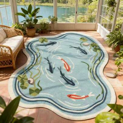New Chinese Style Koi Pond Asymmetrical Shaped Carpet, Soft Plush Area Rug For Balcony/Sunroom, Nature-Inspired Lotus Leaf, Water Grass And Fish Pattern, Anti-Slip Thick Floor Mat