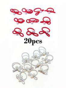 20Pcs No Damage Pearl Bow Hair Ties, Red & Silver Elastic Hair Bands For Girls - Multicolor - View 2