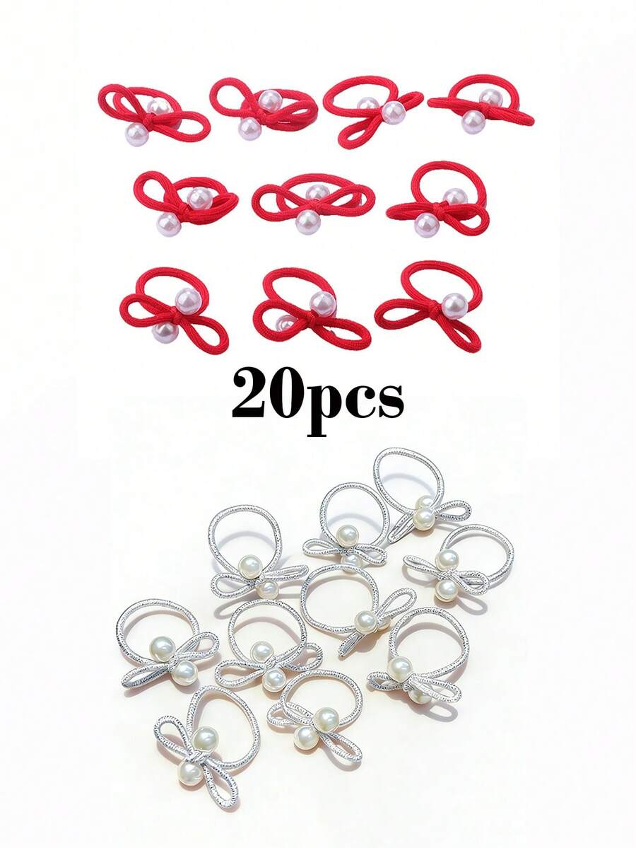 20Pcs No Damage Pearl Bow Hair Ties, Red & Silver Elastic Hair Bands For Girls