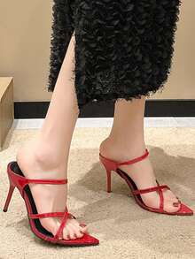 交叉绑带尖头细高跟露趾PU皮派对凉鞋，夏季 - 紅色 - 查看 9