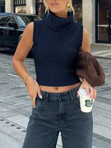 Top de punto sin mangas de cuello alto de unicolor de moda para el verano - azul real - Ver 2