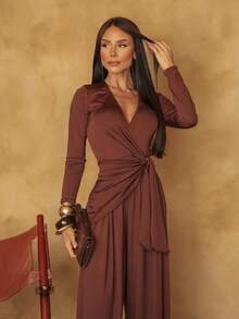 Women's Long Wrap Jumpsuit With Long Sleeves In Elegant Fluity Knit Fabric For Parties And Harem Dresses - Rust Brown - View 2
