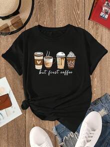 Camiseta unisex con estampado "But First Coffee" para hombres y mujeres, camiseta casual de verano, regalo para amantes del café, regalo para las vacaciones, regalo para el Día de San Valentín, regalo de Año Nuevo. - Negro - Ver 6