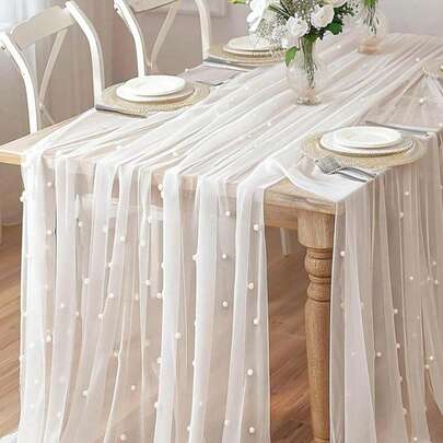 1 tấm vải voan mỏng trang trí ngọc trai giả, phông nền chụp ảnh, có thể dùng làm khăn trải bàn, khăn trải bàn nền ngọc trai, khăn trải bàn voan trắng ngọc trai cho đám cưới, trang trí cổng cưới, tiệc cưới, tiệc cô dâu, trang trí tiệc.