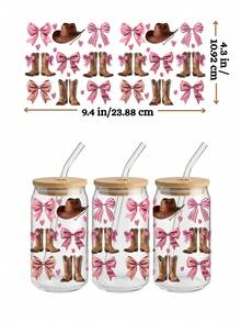 4pcs/Set Western Cowgirl & Rodeo UV DTF Transfer Stickers For 16oz Libbey Glass Cups (9.4x4.3in), Howdy Boots Skull Pink Bows Turquoise Waterproof Wraps, Wild West Aesthetic Decals No Heat Needed - Western Cowgirl 01 - View 5