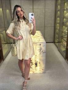 Women's Striped Midi Dress With Shirt Collar And Bishop Sleeves, Casual, With Buttons, Asymmetrical Hem, Summer And Beach. - 黃條紋 - 查看 3