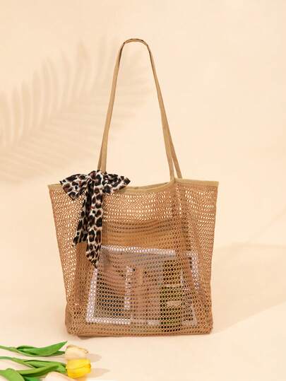 Boho Chic Mesh Tote Bag With Leopard Print Scarf Accent Perfect For Beach Shopping And Summer Outings Lightweight Stylish Carryall