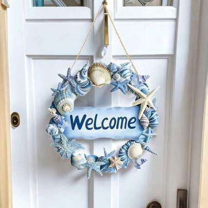 Biển trang trí hiên nhà bằng gỗ chủ đề hàng hải mùa hè với vỏ sò biển, vật trang trí treo nhà.