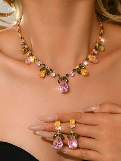 Bộ trang sức 3 món cao cấp đính đá Zirconia gồm dây chuyền, bông tai và hoa tulip hồng, phong cách thời trang Ins nổi bật, phối hợp hoàn hảo (Đá Zirconia nhiều màu sắc ngẫu nhiên)