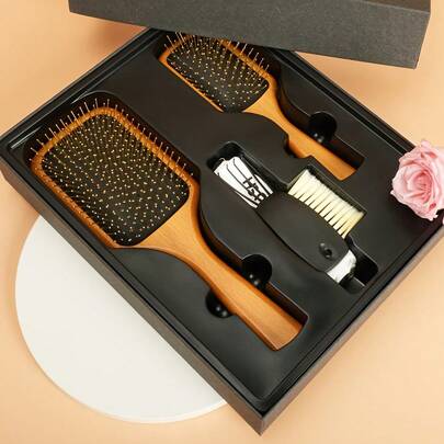 Wooden Hair Massage Brush Set, Air Cushion Hair Brush, Suitable For Salon And Home Use, Holiday Gift Box