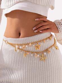 1 chiếc dây đeo eo hình sao biển và vỏ sò phong cách Bohemian, dây đeo thân hình vỏ sò giả ngọc trai gợi cảm, phụ kiện đi biển mùa hè dành cho nữ. - Vàng - Xem 1