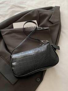 Crocodile Embossed Women's Handbags, Korean Style Ladies Underarm Tote Bags, New Fashion Shoulder Bags, Simple Commute Crescent Moon Bags , Old Money - Black - View 6