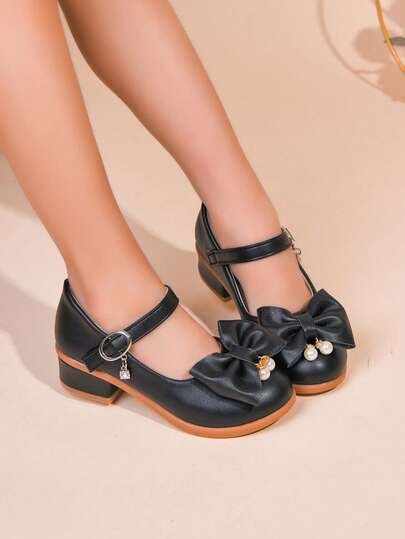 Girls' High Heel Shoes, New Spring/Autumn Kids Bowknot Princess Shoes, Toddler Leather Shoes, Big Children Soft Bottom Shoes, Mary Jane Leather Shoes