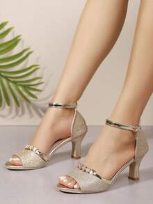 Giày sandal cao gót đế dày màu vàng mới dành cho nữ, sandal cao gót mũi tròn thời trang nữ với trang trí kim loại, giày cao gót kiểu mule sang trọng dự tiệc. - Vàng - Xem 2