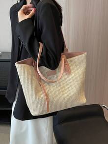 Large Capacity Woven Tote Bag For Women, Casual Commuter Shoulder Handbag With High-End Feel - Pink - View 5