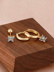 3pcs 18K Gold Plated Light Blue Zirconia Butterfly Earrings Set, Shiny Crystal Ear Cuff Earrings, Hypoallergenic Jewelry For Women - 3PCS-gold - View 3