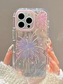 1pc Dreamy Pastel Firework Print Phone Case For IPhone17 16 15 14 13 12 11 17Pro Max 16Plus 15Pro 16Promax, Aesthetic Pink Frame Full Coverage Cute Phone Case - Pink Purple - View 2