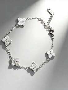 1pc Minimalist Laser Engraved Stainless Steel Four-Leaf Clover Bracelet, Lucky Charm For Women - Multicolor - View 7