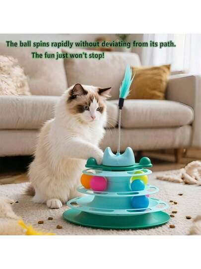 Cat Teaser Wand And Cat Christmas Toys, Automatic Rotating Ball 3-Tier Track, Interactive Pet Toys, Random Color Feather And Ball, Suitable For Kittens And Adult Cats