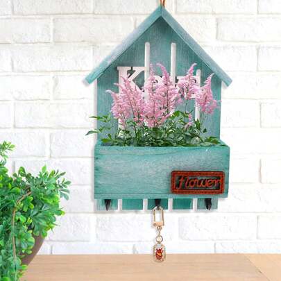 1pc/Set, Wooden Flower Pot Wall Hanging, Mediterranean Style Artificial Flower/Dried Flower Wooden Box Planter, Includes Key Hook, Suitable For Entryway Storage, Living Room Decor, Hallway Accents, Combines Storage And Space Beautification