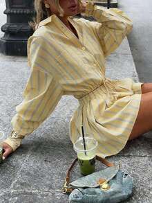 Women's New Yellow Striped Contrast Color Loose Waist Long Sleeve Slimming Shirt, Pleated Wide Leg Shorts, 2 Pieces Set, Back To School, College Style, Casual & Young, Ins Shirt Suit Spring - 黃色 - 查看 2