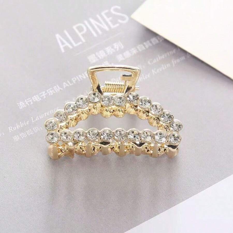 1pc Women's Rhinestone Embellished Half-Clip Hair Clip, Minimalist Metal Hair Accessory, Elegant Daily Wear - Gold - View 1