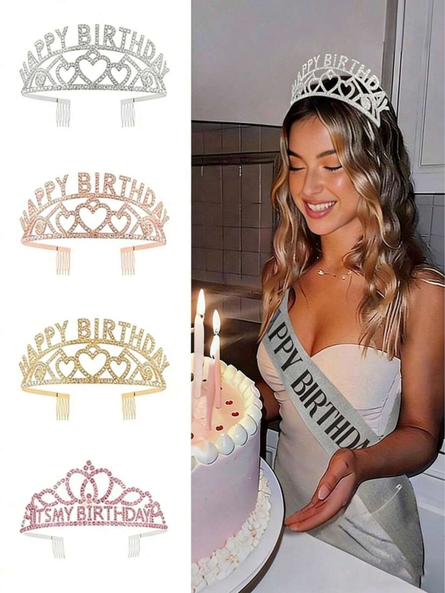 1件金色生日女王皇冠，水晶皇冠及成人公主头饰，生日派对面具服装配饰，拍照道具 - 彩色 - 查看 1