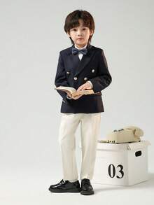 男童三件套西装，新款花童婚礼正式礼服，演出服，包含西装外套、裤子和领结。 - 藍色 - 查看 6
