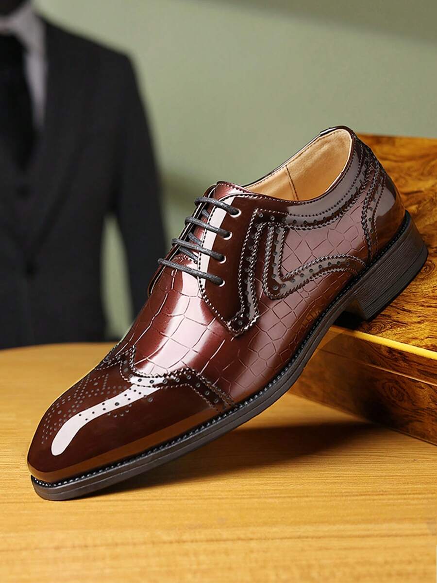 Men's Formal Dress Shoes, Classic Patent Velvet Lace-Up Oxford Shoes - Burgundy - View 1