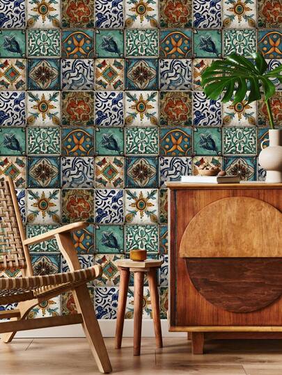 1卷 0.24毫米 复古传统陶瓷图案，南欧异域几何风格乙烯基壁纸，可移除自粘墙贴，家居装饰配件，客厅和厨房壁纸