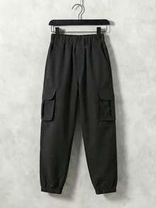 1 pieza Pantalones cargo rectos sueltos y casuales con múltiples bolsillos personalizados para niños y adolescentes, adecuados para primavera, verano y otoño - Negro - Ver 11