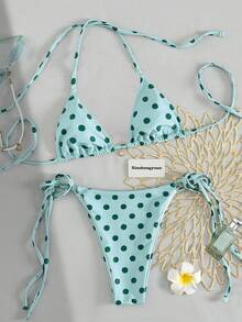 Bộ bikini Xinshengyuan 2026 2 món/set dành cho Tết Dương lịch và Lễ Tình nhân, kiểu dáng gợi cảm, dễ thương, màu xanh ngọc chấm bi, dây buộc cổ tam giác hai bên, chất liệu co giãn vừa phải, phong cách Âu Mỹ, quần bơi nữ kiểu buộc dây bên hông, thích hợp cho kỳ nghỉ biển và hồ bơi, tiệc biển, trang phục đi biển mùa hè, đồ bơi mùa xuân mùa đông. - Nhiều màu - Xem 7