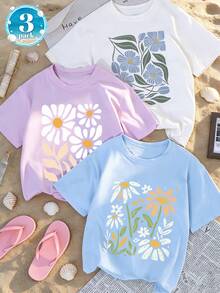 3pcs/Set Floral Print Short Sleeve T-Shirts For Tween Girls, Suitable For Tween GirlsSummer Tops, Young Student Clothing - Multicolor - View 1