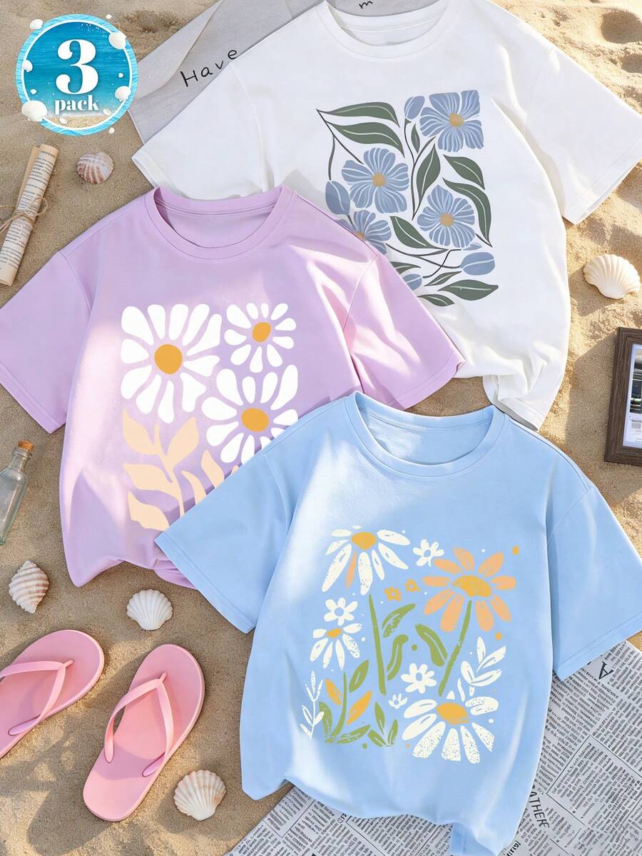 3pcs/Set Floral Print Short Sleeve T-Shirts For Tween Girls, Suitable For Tween GirlsSummer Tops, Young Student Clothing - Multicolor - View 1