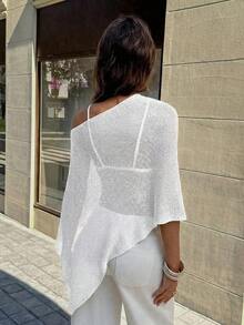 FOR BEAUTY Summer New Women's Solid Ribbed Olive Green Knit Cardigan, Asymmetric Hem Design, Fine Shiny Knit Fabric, Lightweight & Breathable, Slightly Loose Fit Suitable For Various Body Types, Vacation & Casual Style Top, Suitable For Holiday, Boho, Sexy, Summer Women's Clothing - 白色 - 查看 8