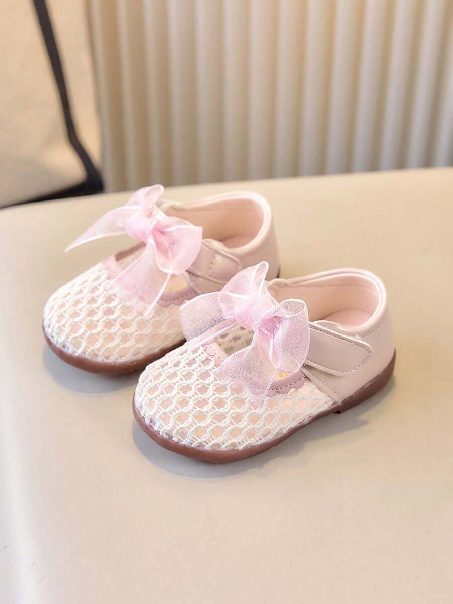 1双女童蕾丝透气公主鞋，蝴蝶结软底幼儿学步鞋 - 粉色 - 查看 1