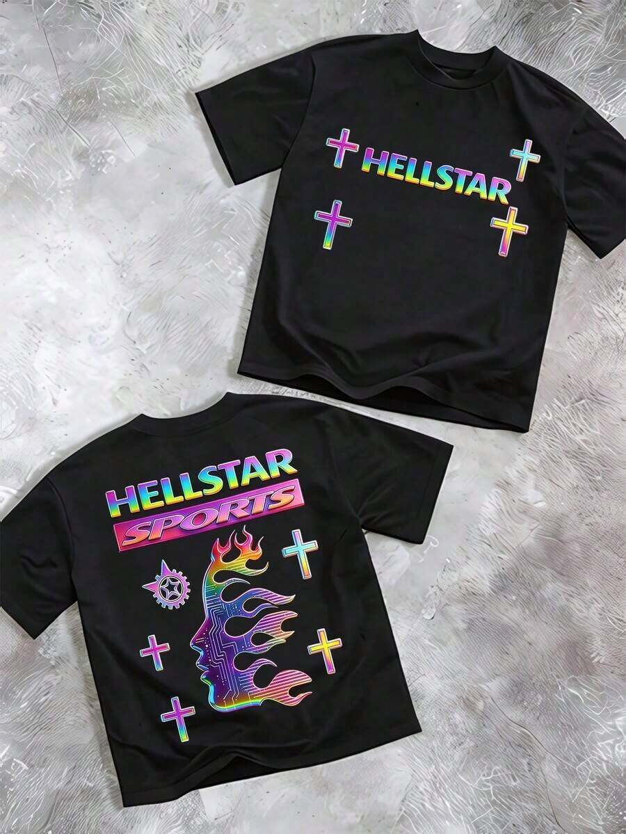 Printed T-Shirt Cotton Plus Size Men's Clothing, Captivating Hell Star SPORTS Holographic Flame & Text Graphic Print T-Shirt ,Y2K,Oversized Shirt Men,Summer Tops - 黑色 - 查看 1