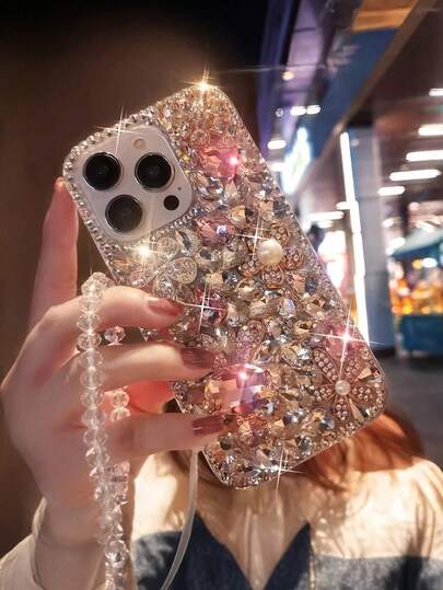 奢华水晶珍珠装饰手机壳，配链条挂绳，适用于 Pro 系列，TPU 亮面手机壳，适用于 17 Pro Max