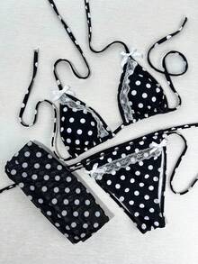 Women's Elegant Black And White Polka Dot Print Swimsuit Set, Perfect For Spring/Summer Beach Vacation, Seaside Activities And Holiday Wear - Multicolor - View 3